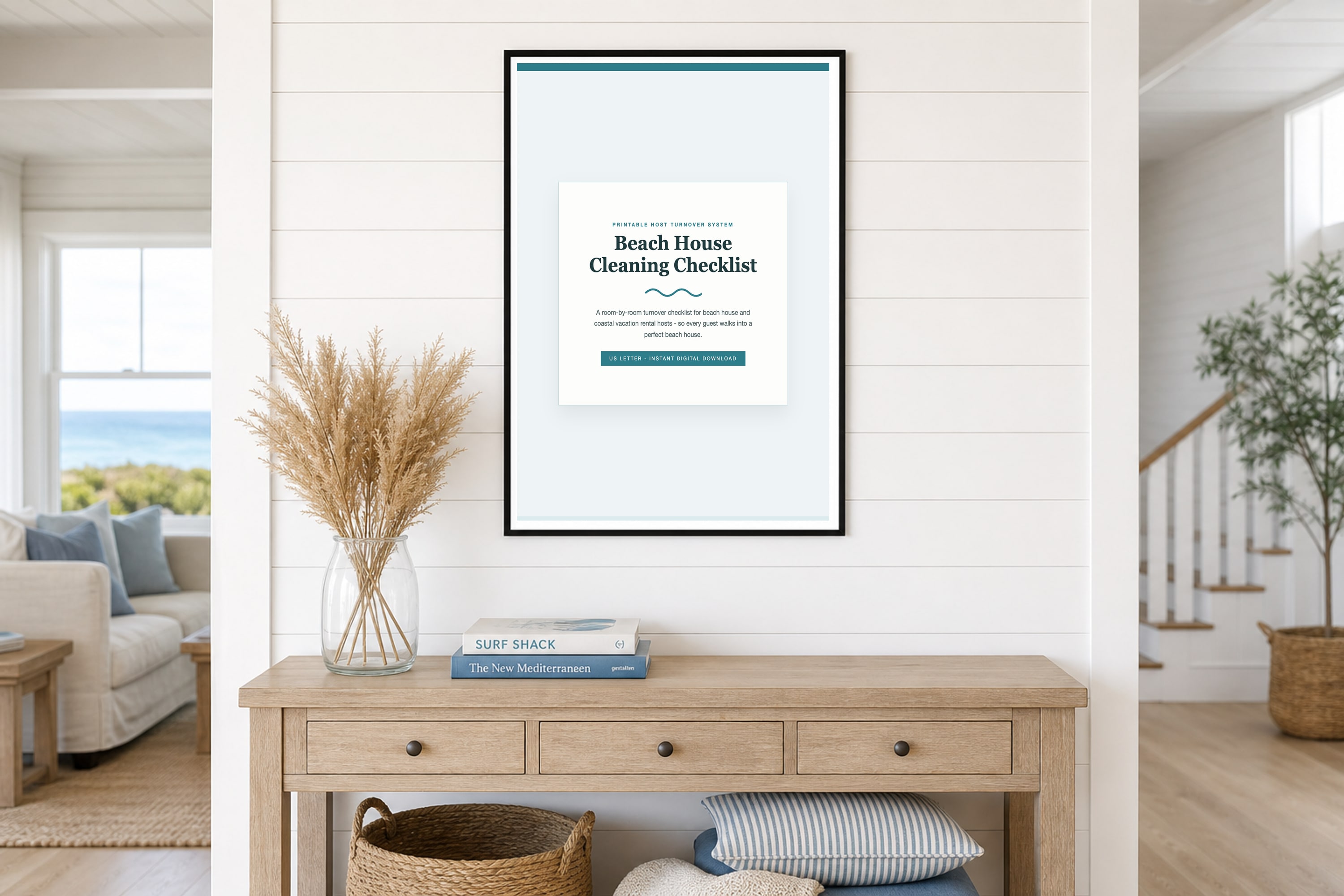 Cleaning checklist shown printed and framed in a coastal room